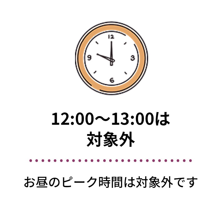 12:00〜13:00は対象外　お昼のピーク時間は対象外です